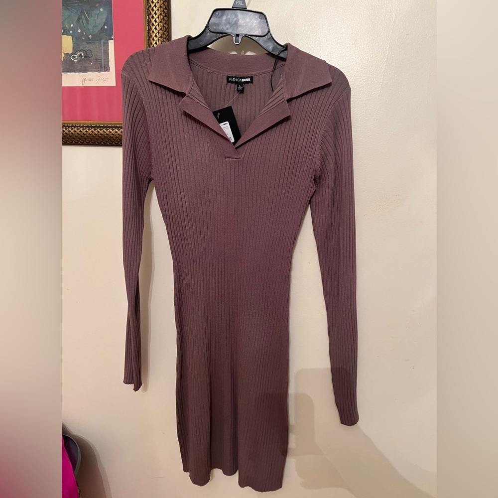 Taupe Ribbed Collared Dress